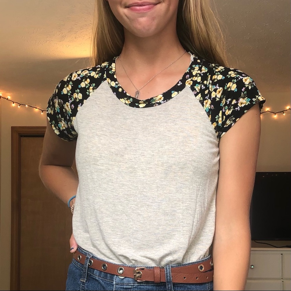 cute floral baseball style top Chris and Carol